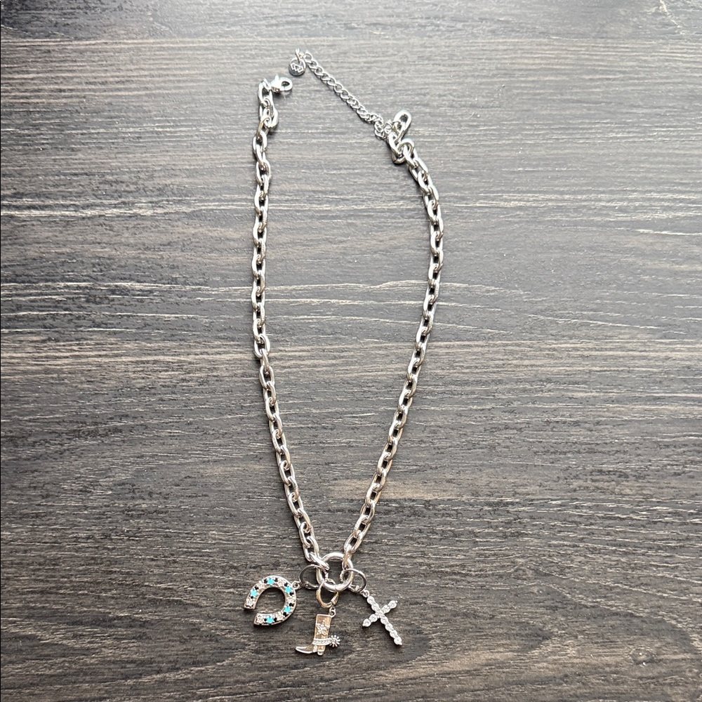Silver Charm Necklace with Cross, Boot and Horseshoe